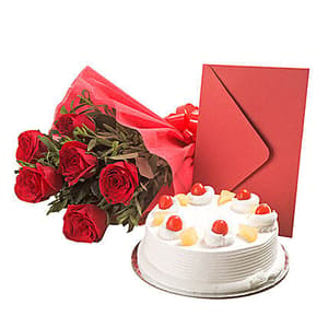 Red Roses with Cake and Greeting Card